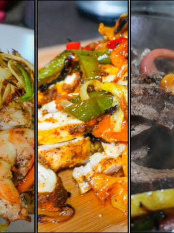 split images of the jerk shrimp, chicken and steak fajitas.