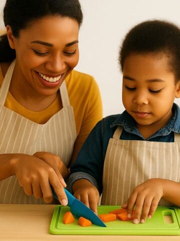 mom and child at the counter cutting vegetables.