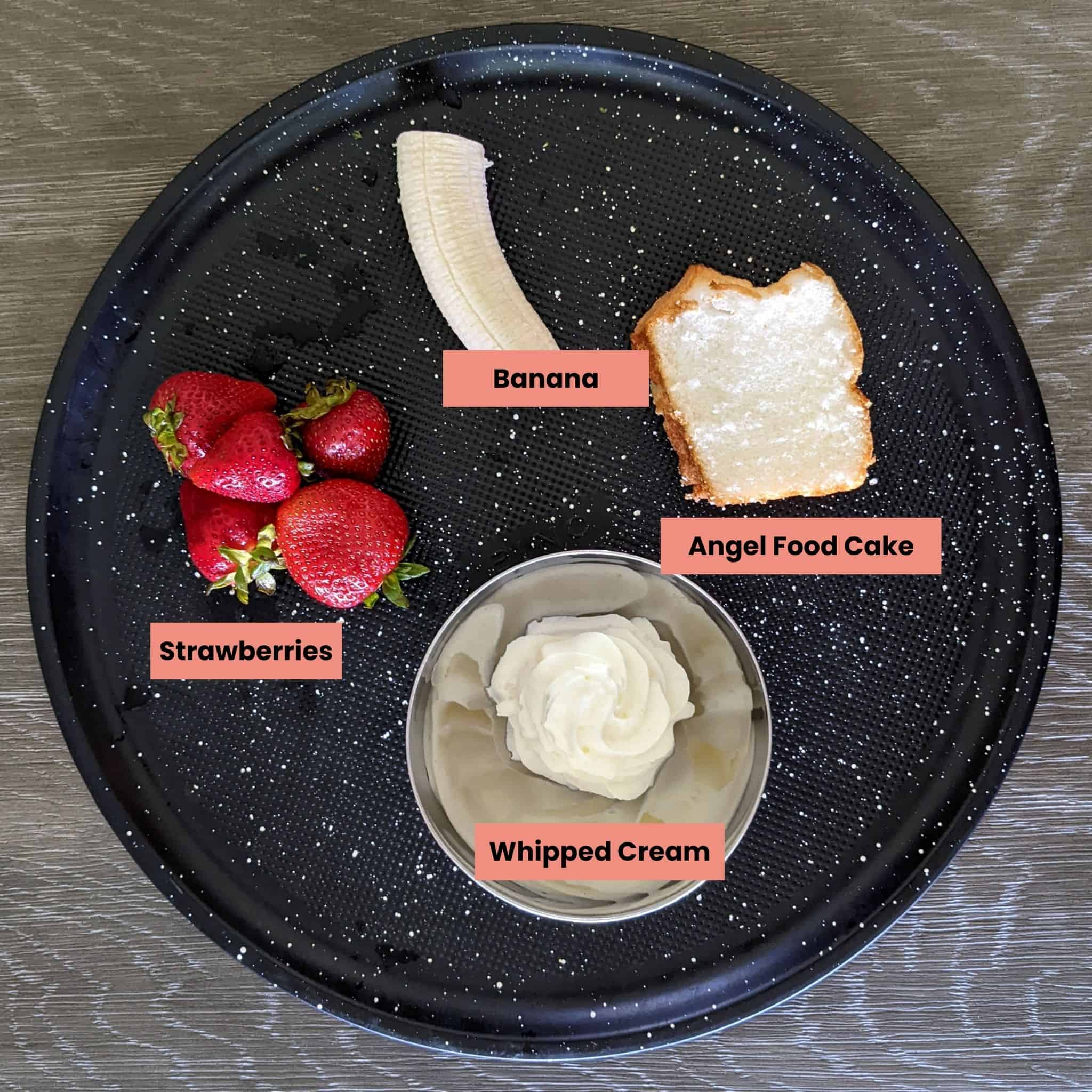 ingredients labeled on a round sheet tray.