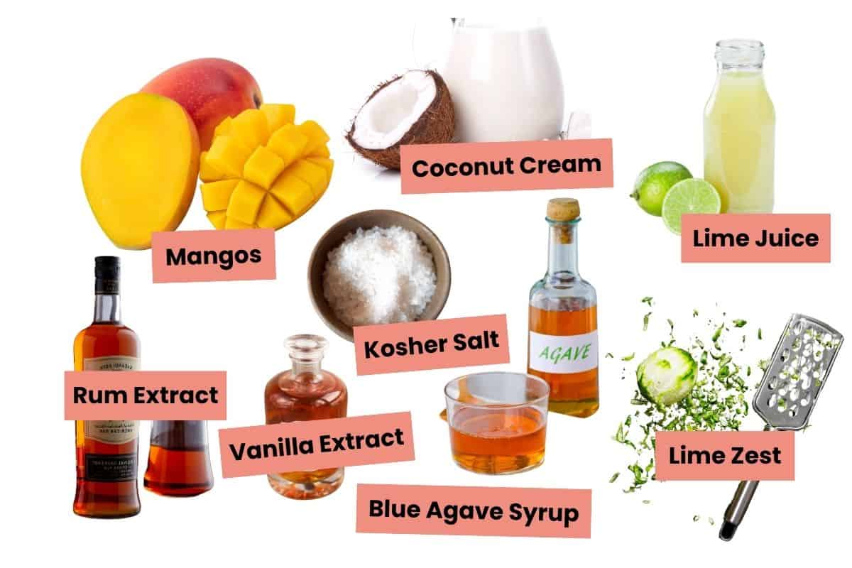 labeled ingredients for the mango coconut gelato felato.