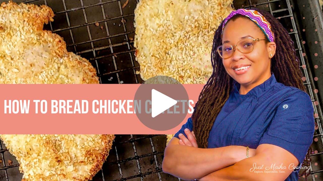 youtube thumbnail for video on how to bread chicken cutlets.