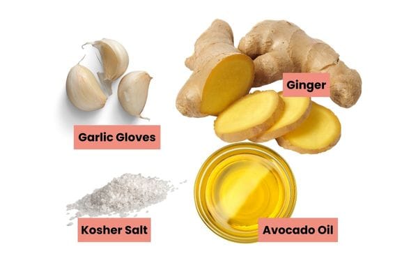 labeled ingredients for the garlic and ginger paste.