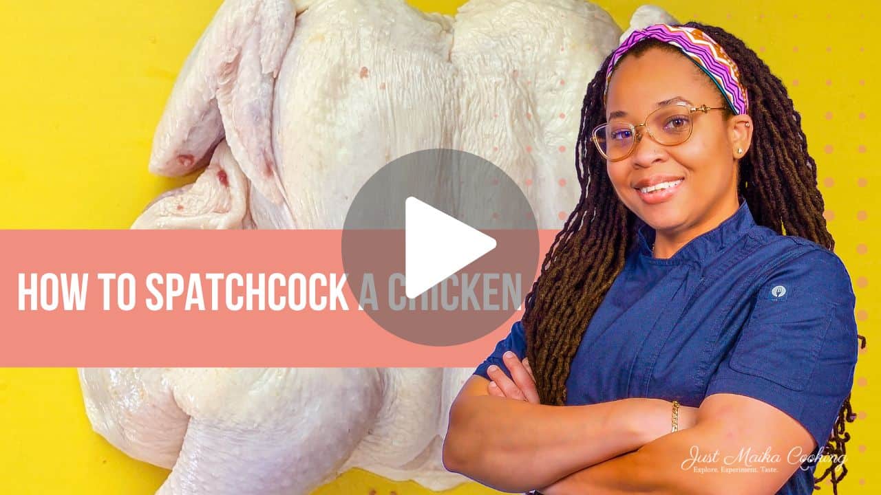 youtube thumbnail for a video tutorial on how to spatchcock a whole chicken.