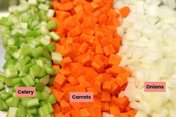 side by side rows of diced celery, carrots and onion.