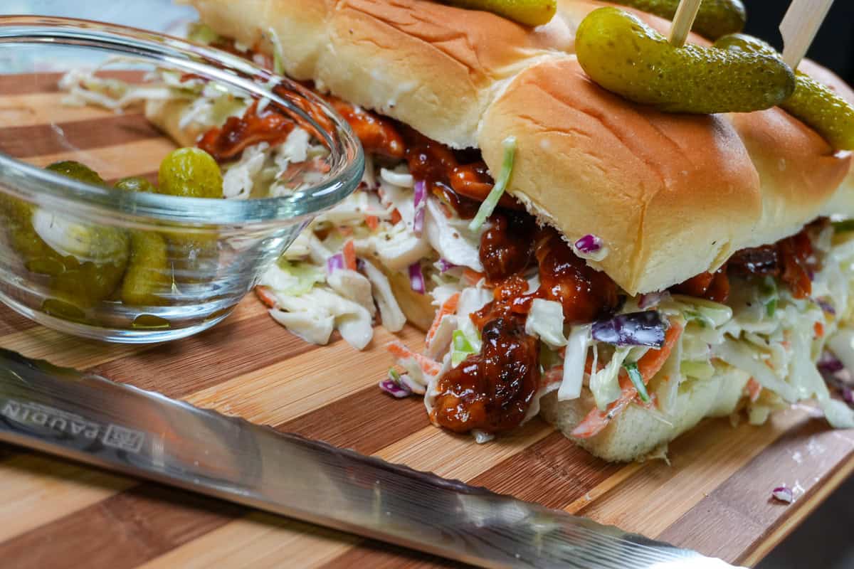 close up of the bbq chicken sliders.