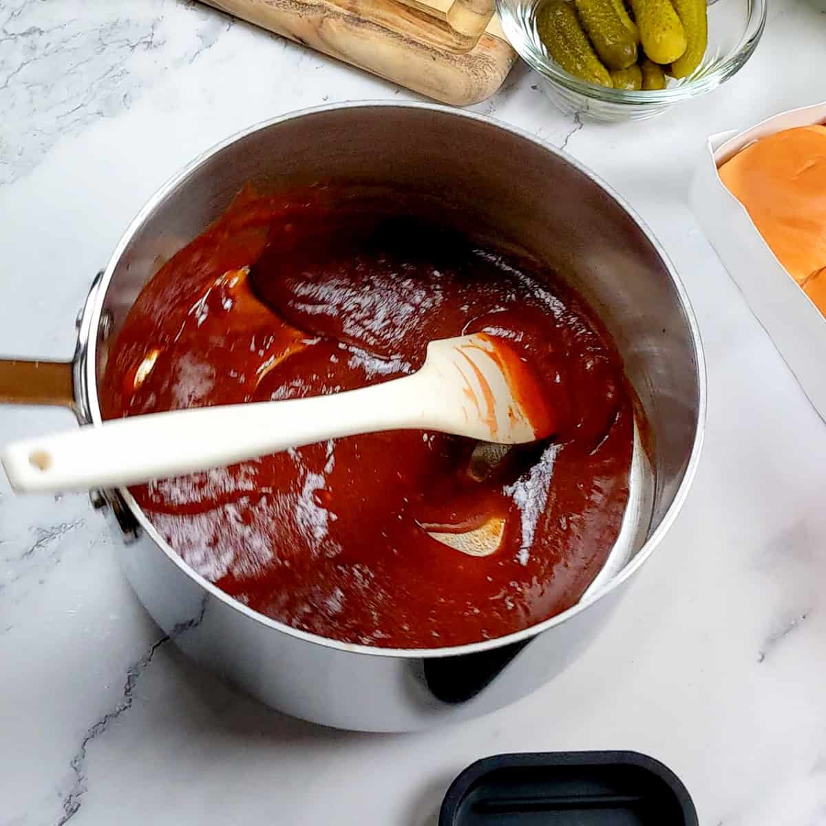 the completed simmered homemade bbq sauce.
