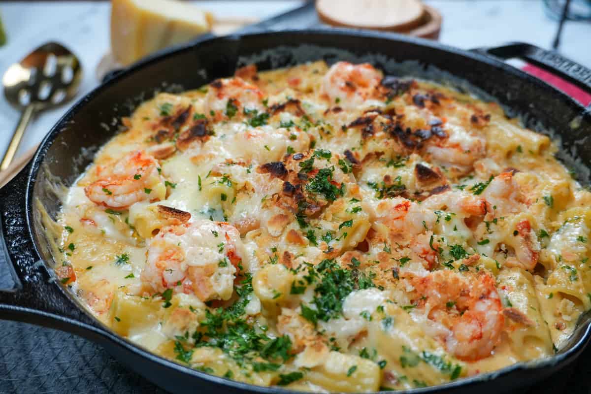 haitian style white mac and cheese with shrimp.