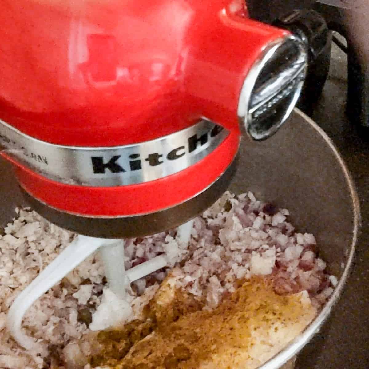 chicken breast shredded in the Kitchenaid stand mixer with a paddle.