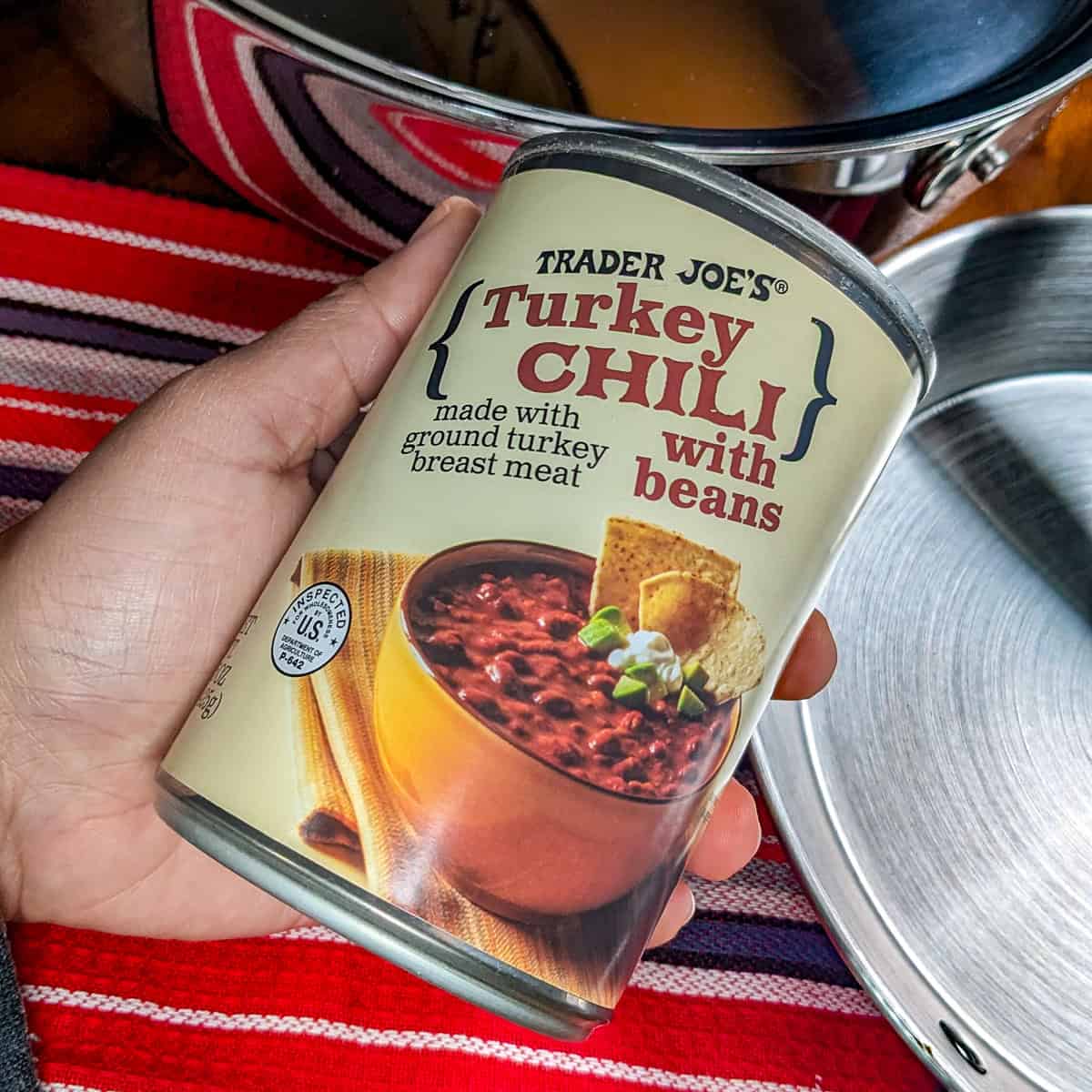 a can of trader joe's turkey chili with beans.