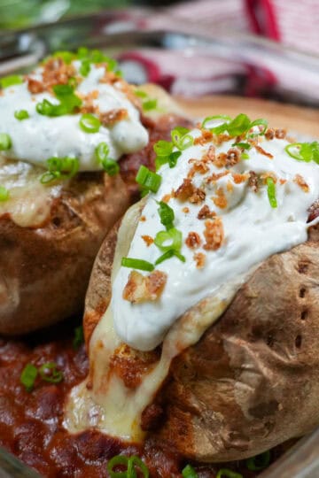 close up of the turkey chili baked patatoes recipe.