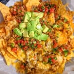 top view of air fryer chicken nachos.