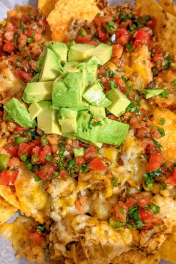 top view of air fryer chicken nachos.