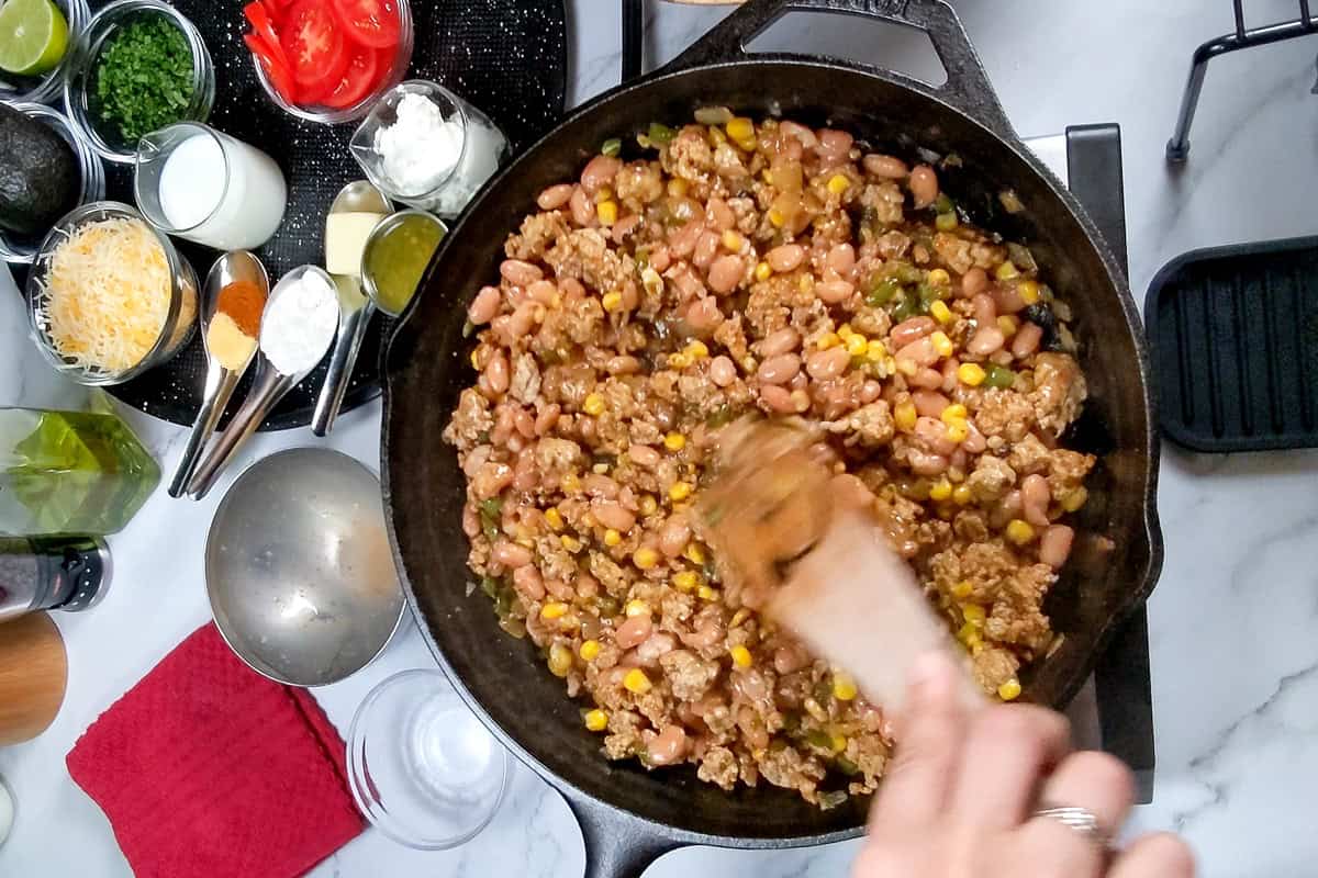 pinto beans and corn added to the seasoned ground turkey mixture.
