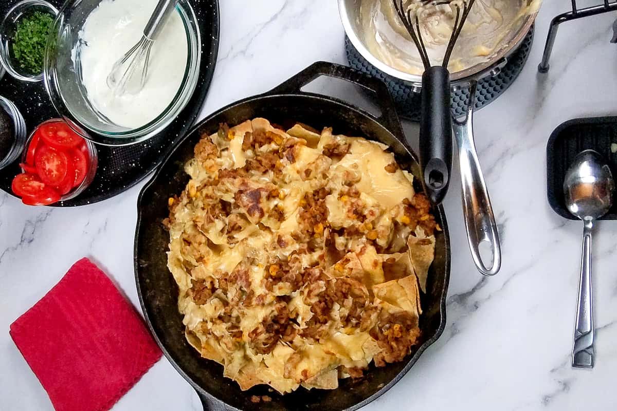 baked cheesy nachos resting on the counter.