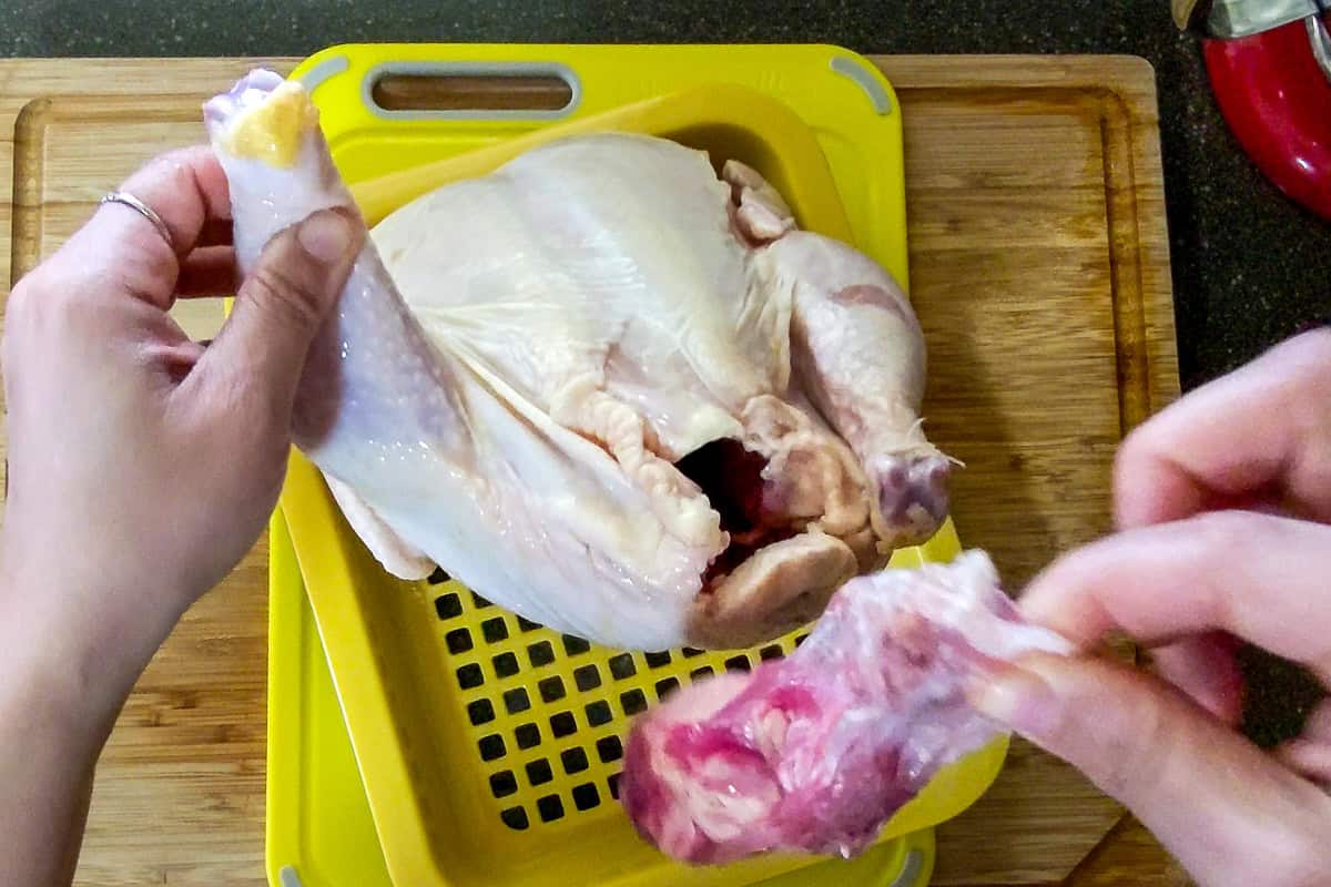 removing the giblets package inside the chicken's cavity.