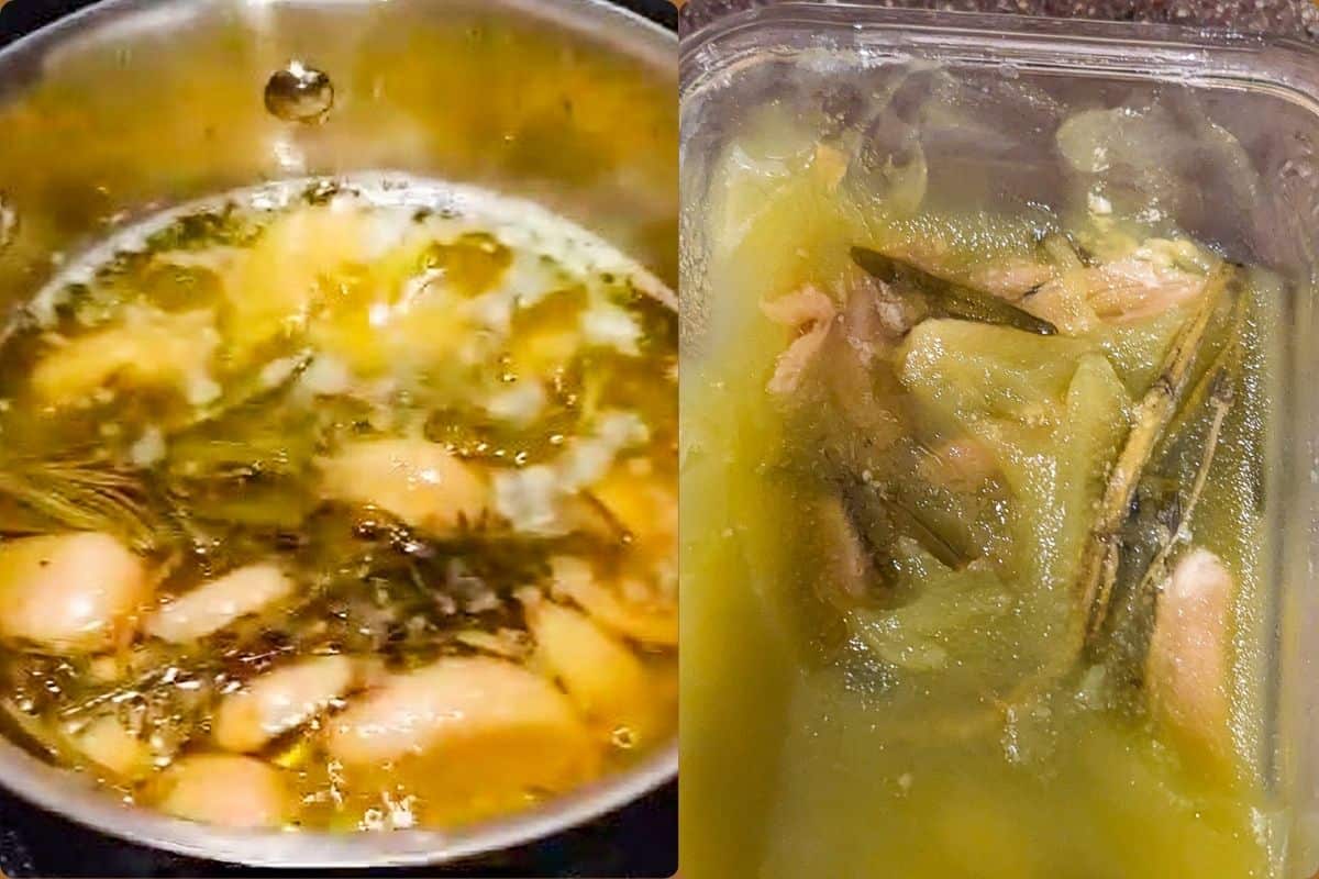 split image of garlic confit. left side simmer garlic in herbs and oil. right finished and cooled confit.