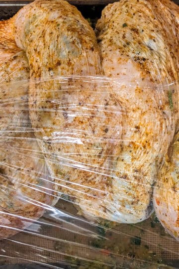 haitian style seasoned spatchcock turkey on a sheet tray covered in plastic wrap.