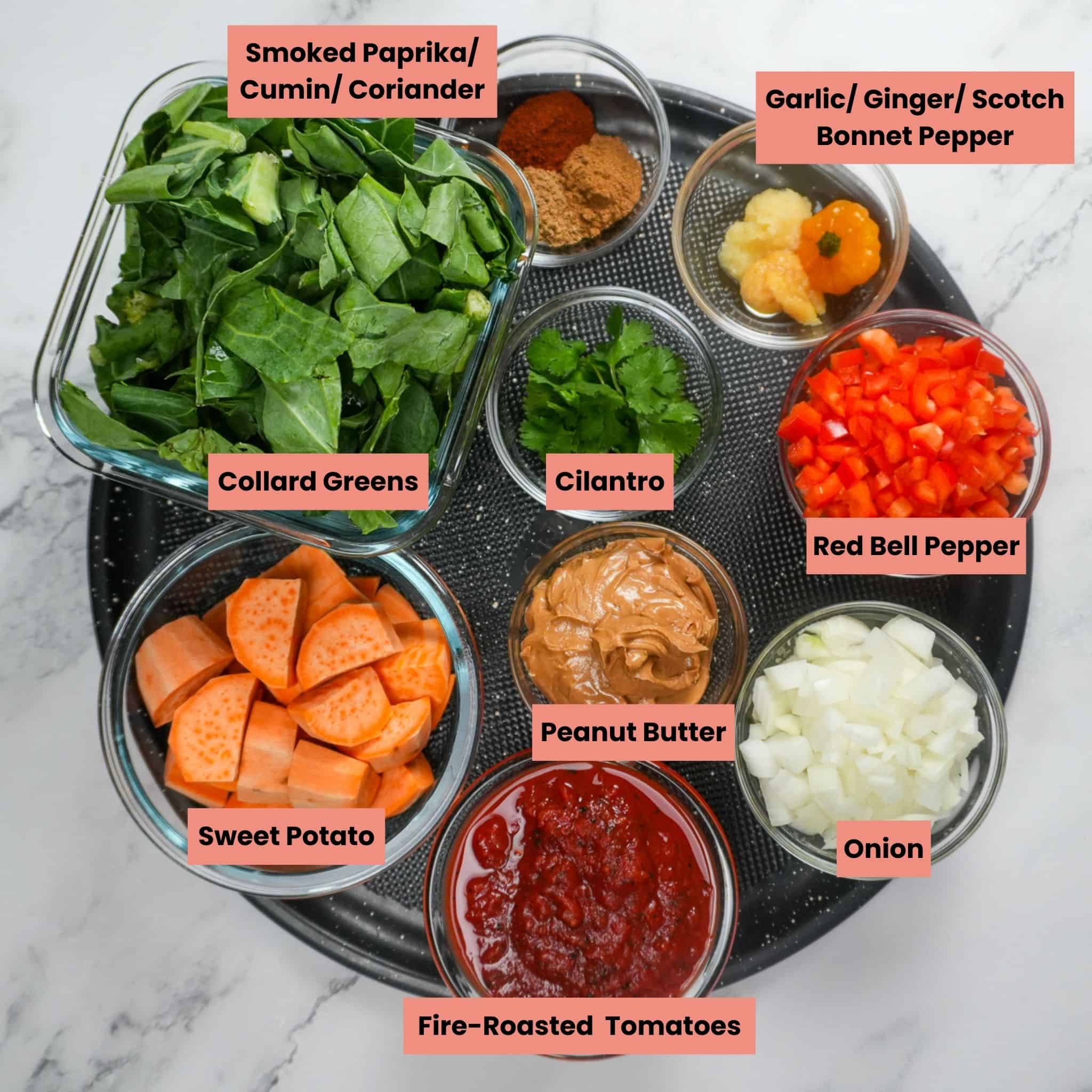 ingredients for the West African Peanut Stew with Chicken and Collard Greens.