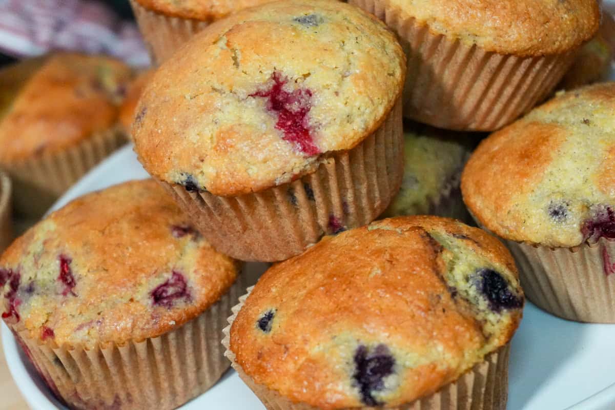 place of stacked Banana Berry Corn Muffins with Yogurt.