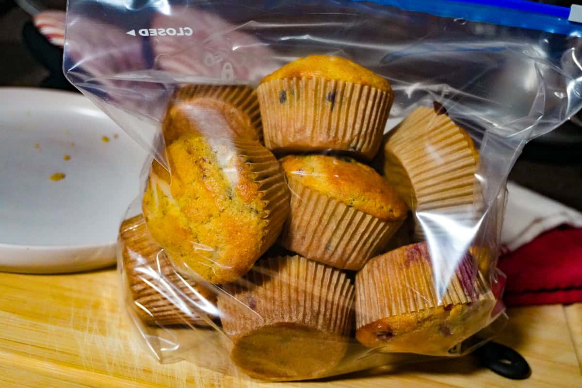 bagged baked cooled down muffins ready for the freezer.