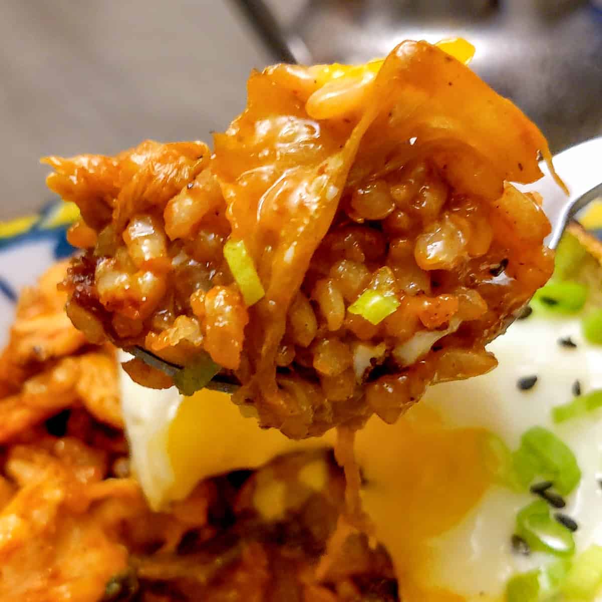 close up of kimchi rice on a spoon.