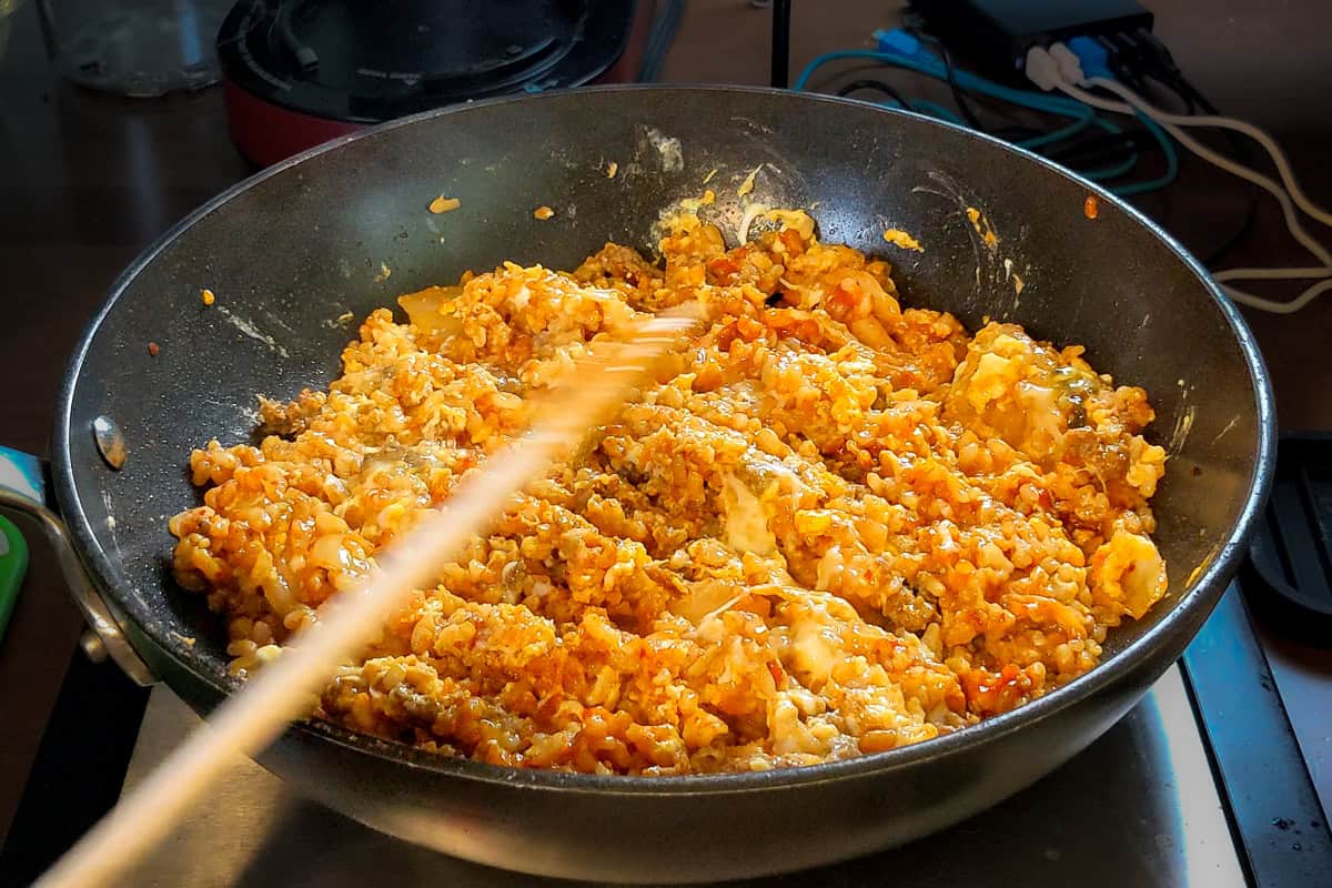 kimchi fried rice in an all-clad non-stick saute pan.