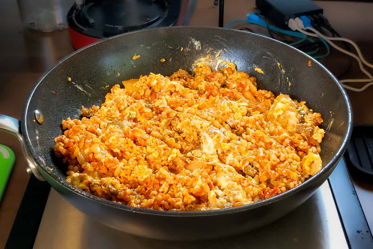 kimchi fried rice in an all-clad non-stick saute pan.