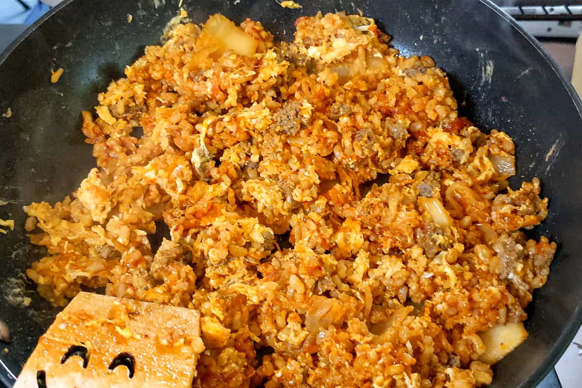 close up of ground turkey kimchi fried rice.