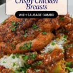 pinterest pin for Pan-Roasted Chicken and Andouille Sausage Gumbo.