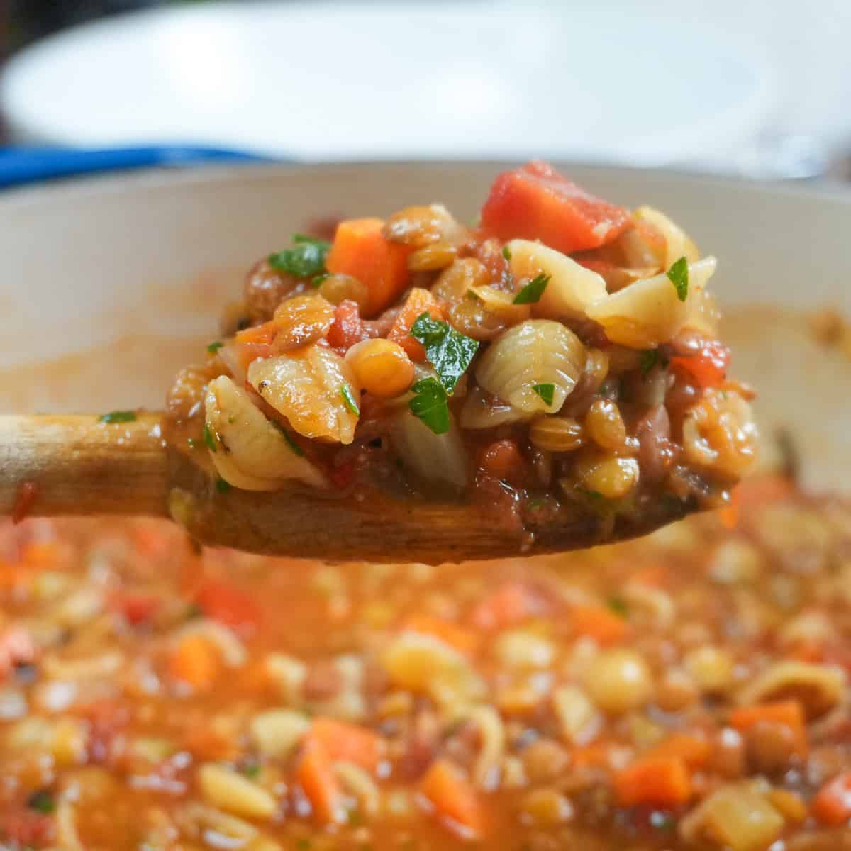 close up of the Pasta and Lentil Soup Recipe on a wooden spoon over a dutch oven fill with the soup.