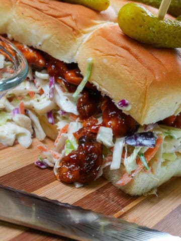 close up side view of the a game day recipe idea, the bbq chicken slider.