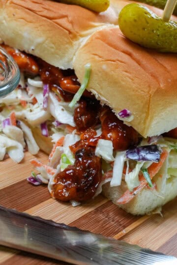 close up side view of the a game day recipe idea, the bbq chicken slider.