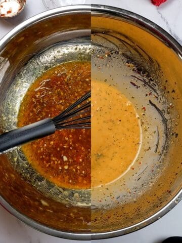 spit image top view of the Citrus Chili Sheet Pan Sauce showing before and after adding mayonnaise as a finishing sauce.
