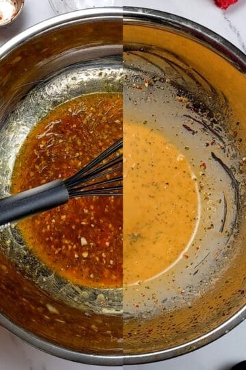 spit image top view of the Citrus Chili Sheet Pan Sauce showing before and after adding mayonnaise as a finishing sauce.
