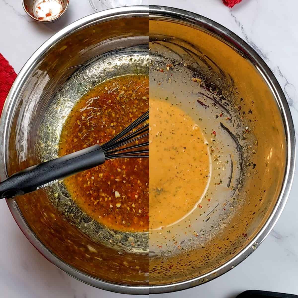 spit image top view of the Citrus Chili Sheet Pan Sauce showing before and after adding mayonnaise as a finishing sauce.