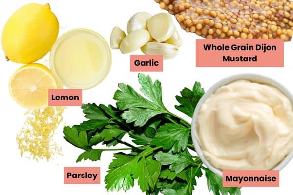 ingredients for the Lemon Dijon Mustard Remoulade recipe.
