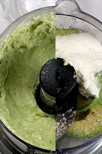 a split before and after image of the Avocado Cream Sauce in the kitchenaid food chopper.