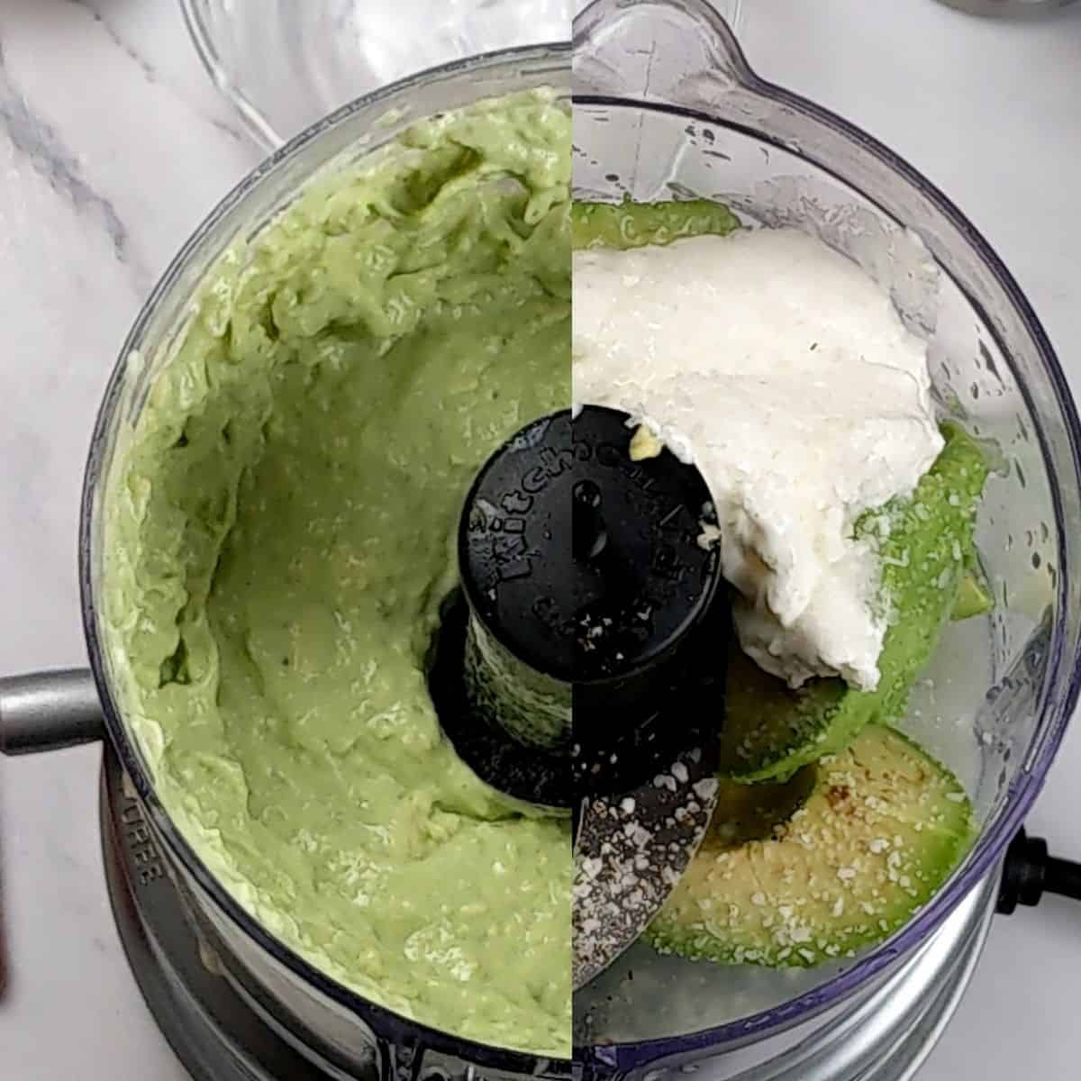 a split before and after image of the Avocado Cream Sauce in the kitchenaid food chopper.