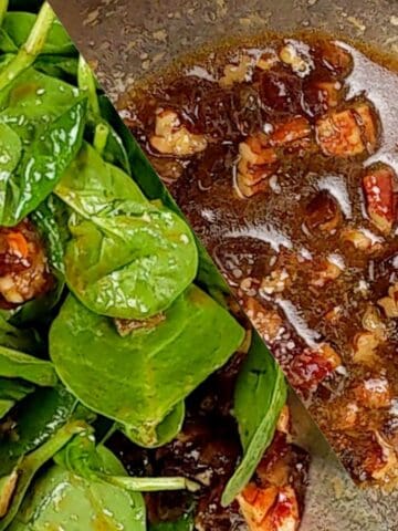 Date Pecan Pomegranate Vinaigrette upclose on a split image with it also dressed in spinach.