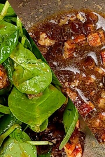 Date Pecan Pomegranate Vinaigrette upclose on a split image with it also dressed in spinach.