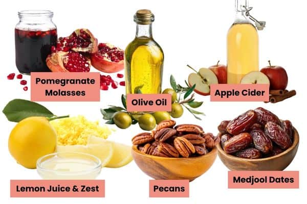 ingredients for the Date Pecan Pomegranate Vinaigrette recipe.