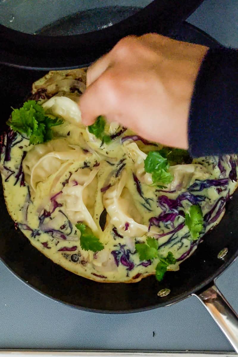 garnishing finished potsticker egg wing recipe fresh cilantro leaves.