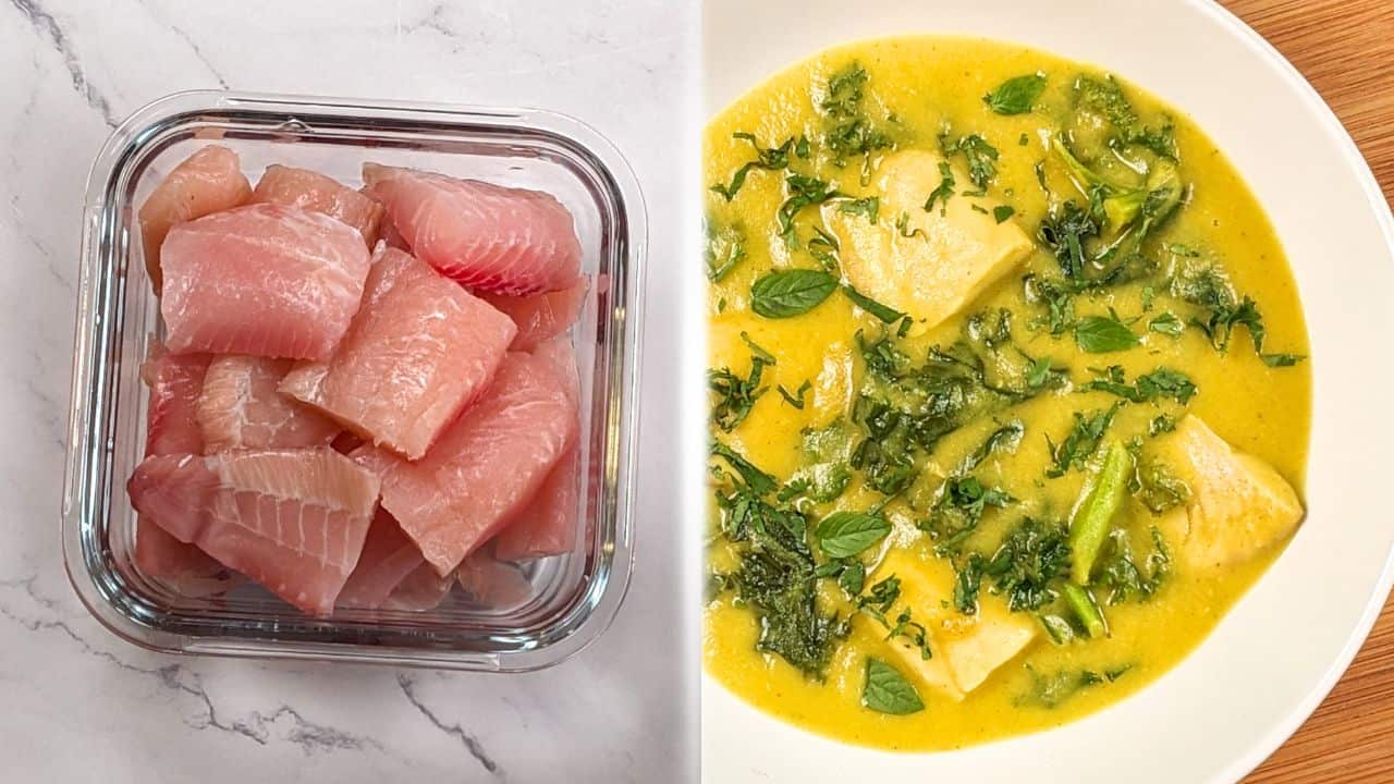 split image of raw tilapia on the left and coked tilapia in a soup on the right.