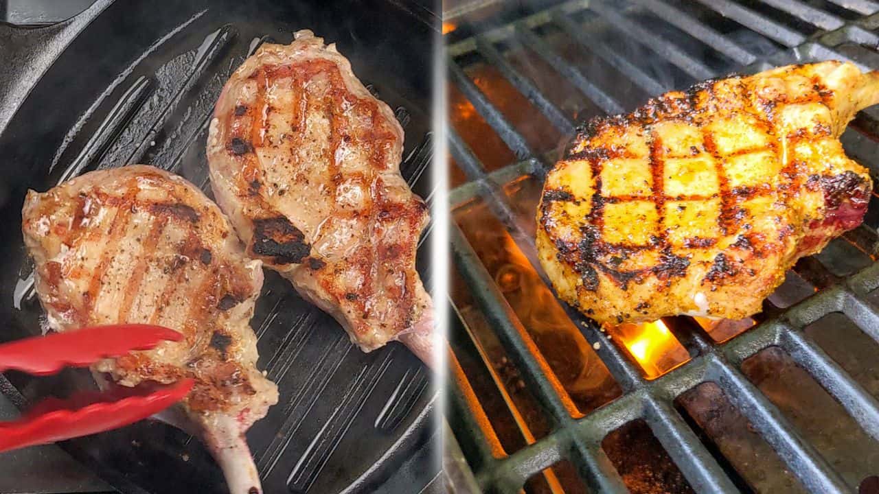 side by side visual of pork chop grilling on a grill pan and outdoor grill.