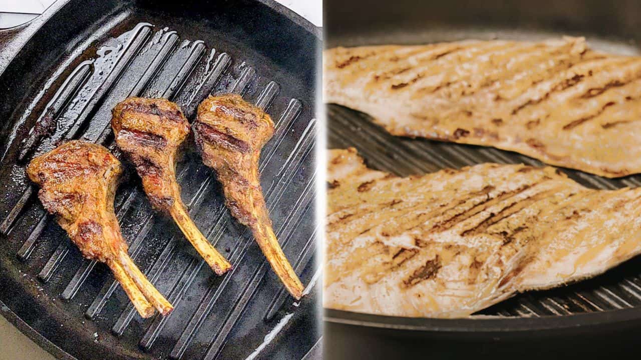 lamb in a cast iron grill pan next to fish on a non-stick grill pan.