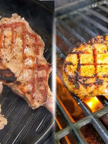 side by side visual of pork chop grilling on a grill pan and outdoor grill.