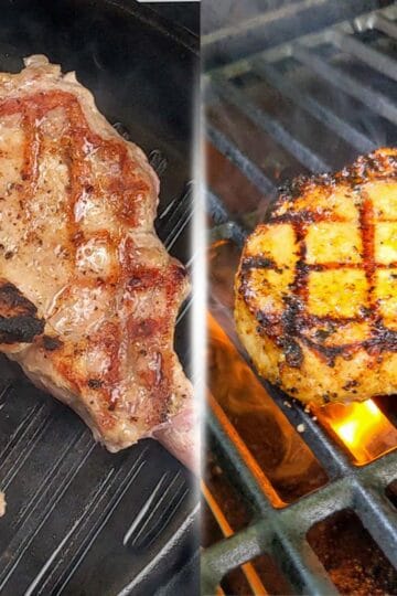 side by side visual of pork chop grilling on a grill pan and outdoor grill.