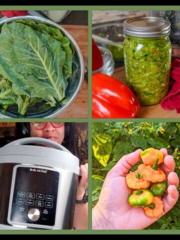 Instant Pot Collard Greens with Smoked Turkey: 4 split image with a picture of collard greens, epis jar, intant pot and scotch bonnet pepper.