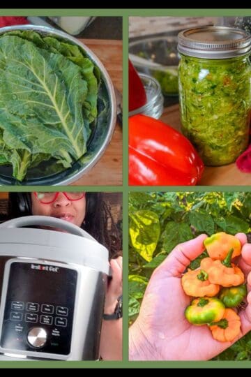 Instant Pot Collard Greens with Smoked Turkey: 4 split image with a picture of collard greens, epis jar, intant pot and scotch bonnet pepper.