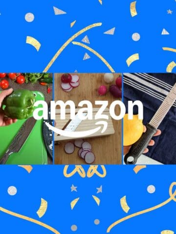 amazon logo with kitchen tools in the background.